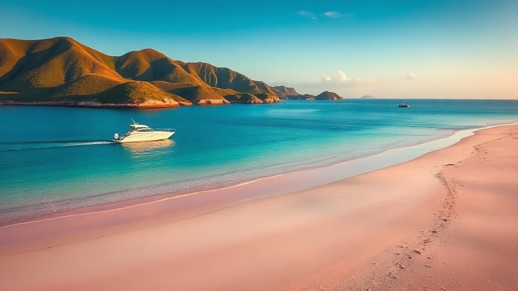 Empty Pink Beach Komodo at golden hour with a single speedboat offshore